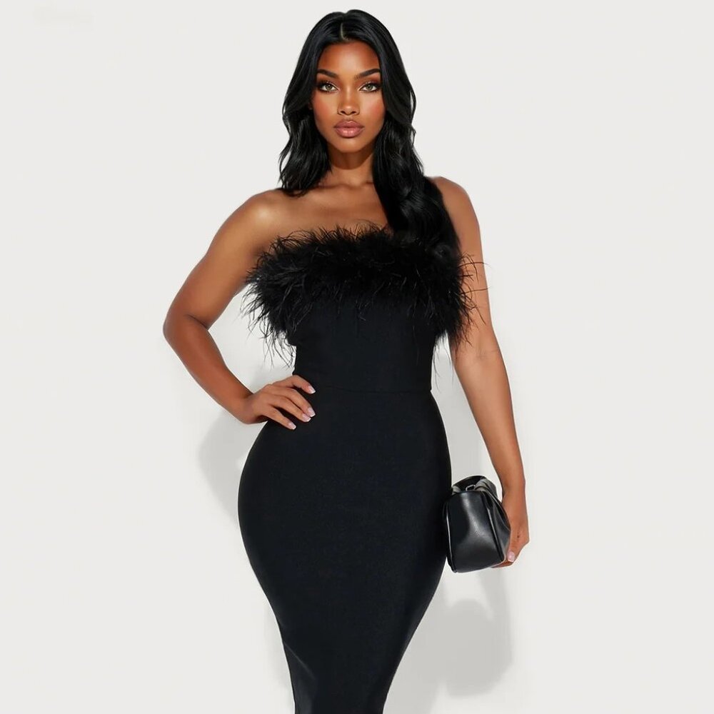 Fashion Nova Wren Bandage Feather Maxi Dress - Black